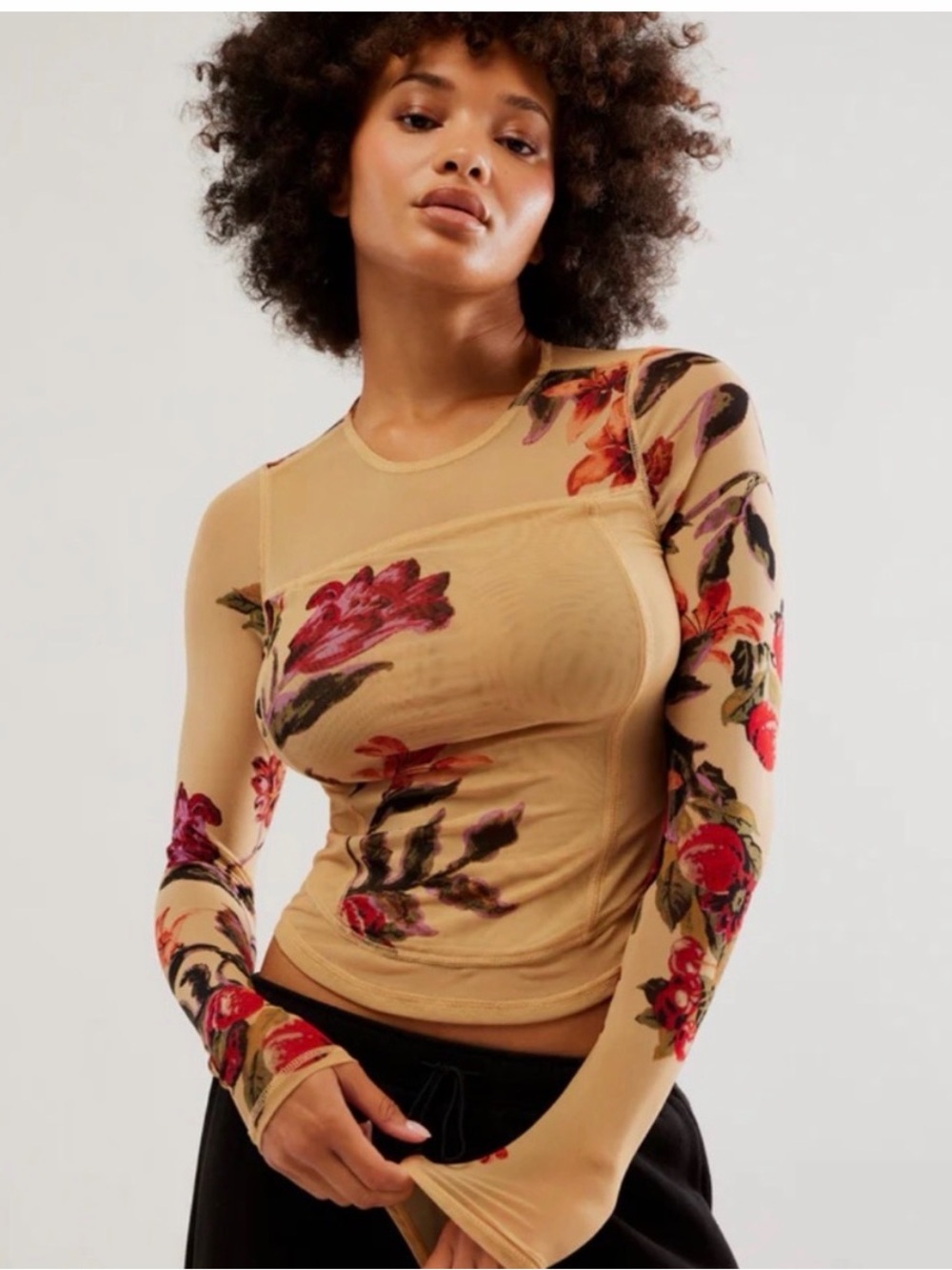 Free People Beige Floral Long-Sleeve Sheer Crew Top